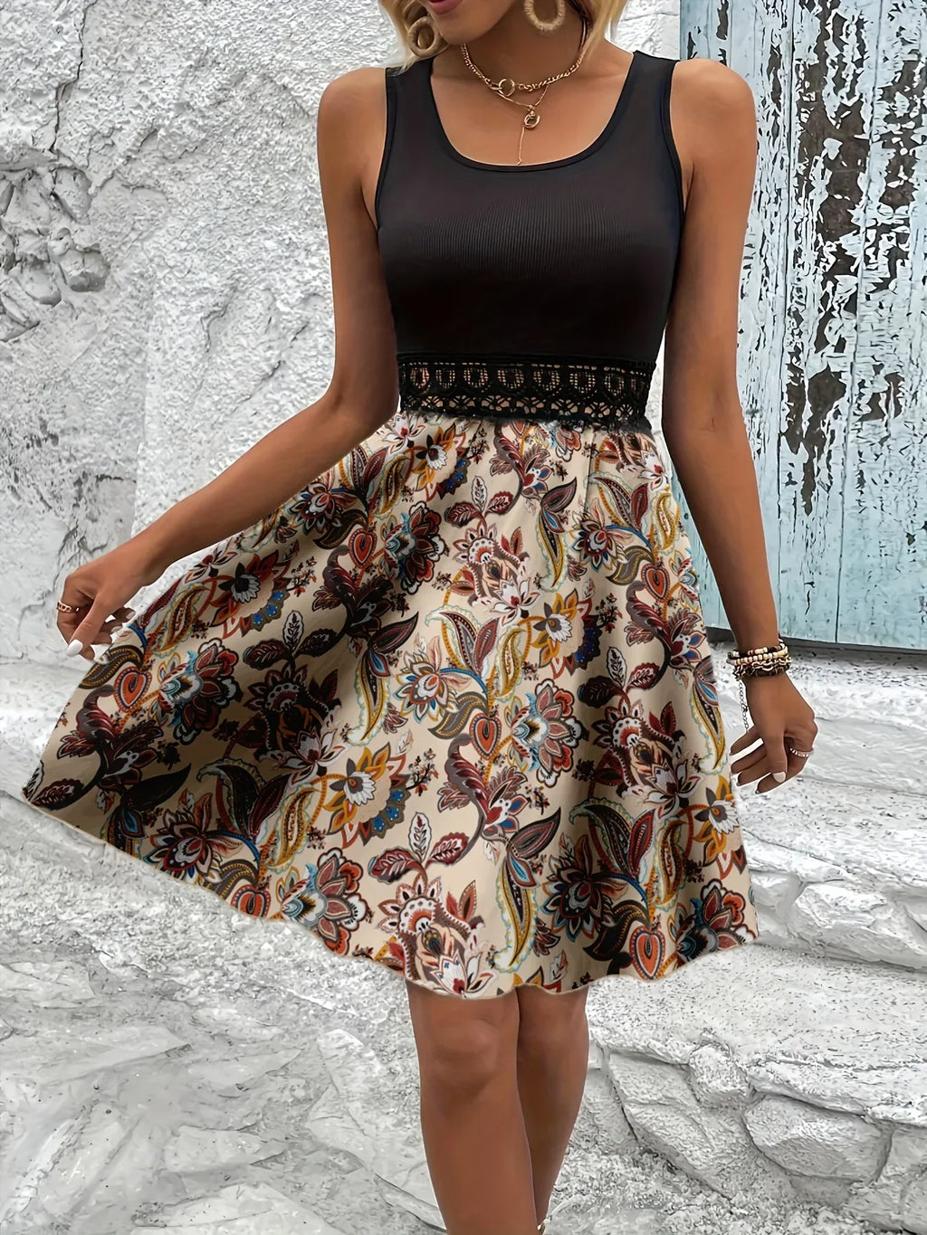 Printed A-Line Tank Dress with Lace Waist Detail - tif-shop24.de