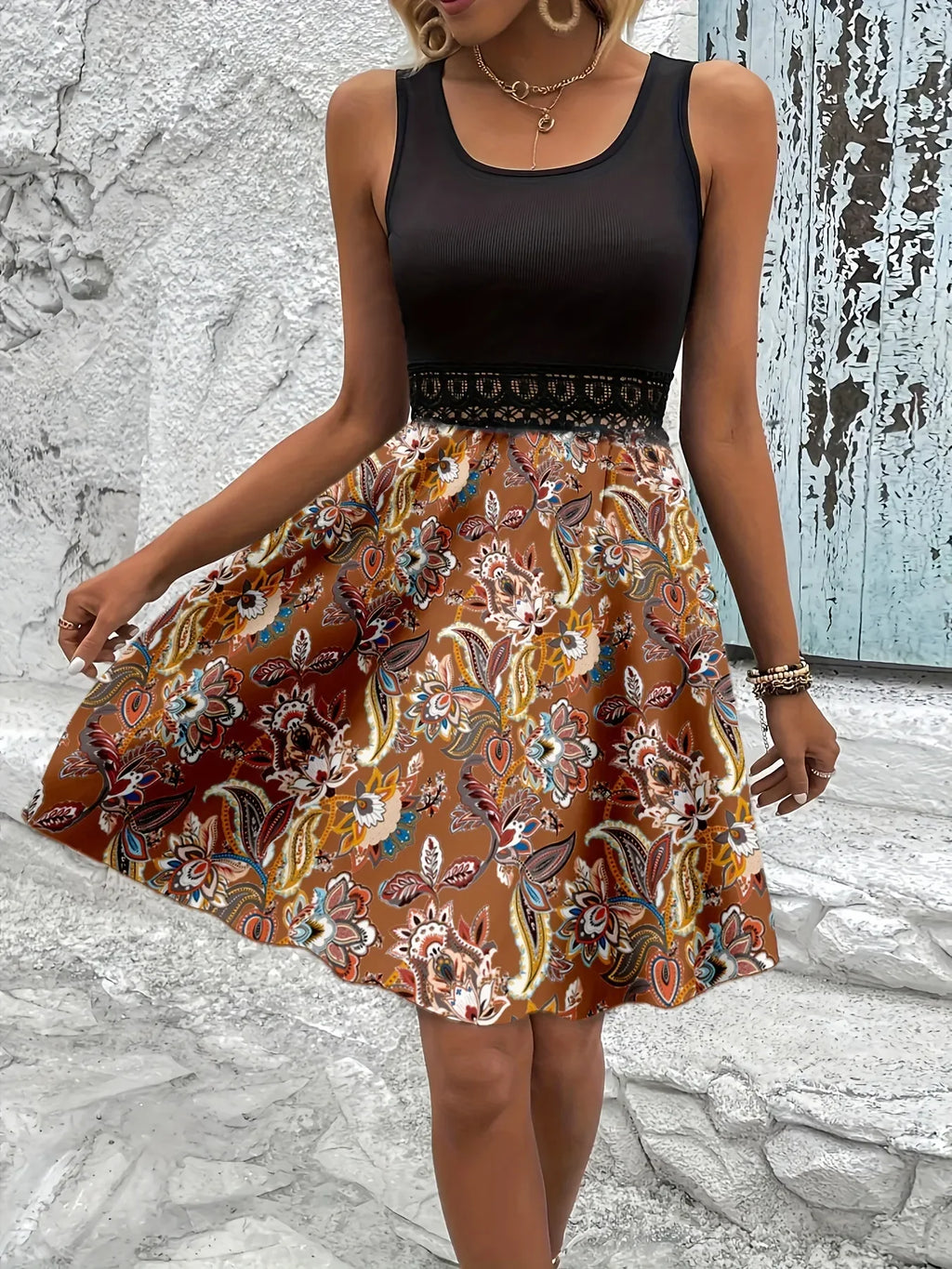 Printed A-Line Tank Dress with Lace Waist Detail - tif-shop24.de