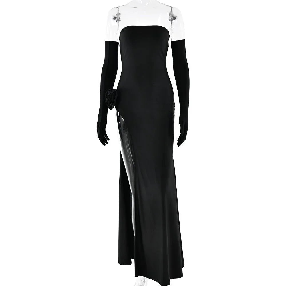 Women's dress, sexy and fashionable, strapless with floral inlay, sleeveless slit, backless long skirt - tif-shop24.de