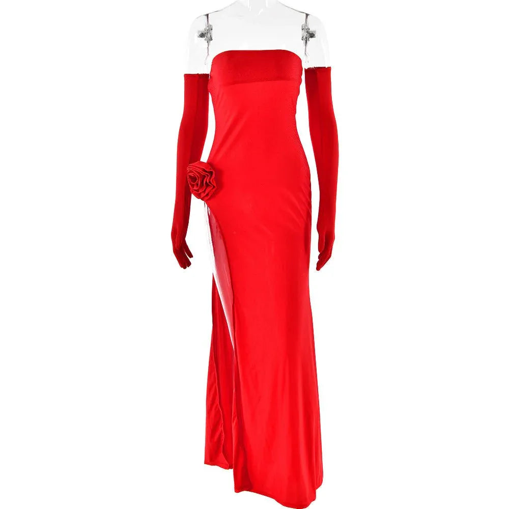 Women's dress, sexy and fashionable, strapless with floral inlay, sleeveless slit, backless long skirt - tif-shop24.de