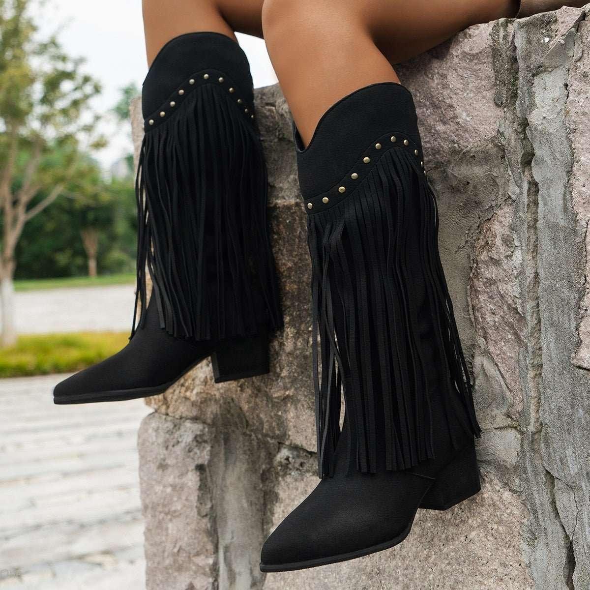 Women's Fringe Fashion Boots with Tassels, Sexy Retro Western Long Boots in Large Sizes - tif-shop24.de