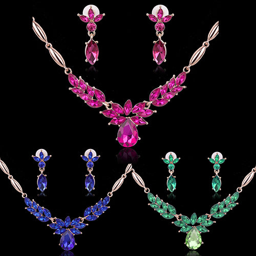 Strassblumen-Blumenanhänger der Damen-Halskette Ohrringe Hochzeitsschmuck-Set