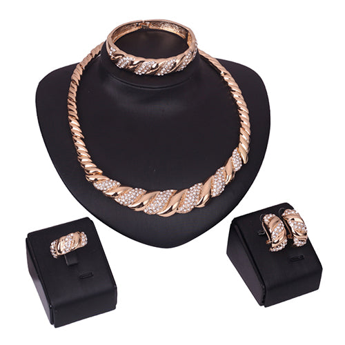 Luxus Golden Tone Twisted Jewelry Set Halskette Armband Ring Ohrringe Cocktail