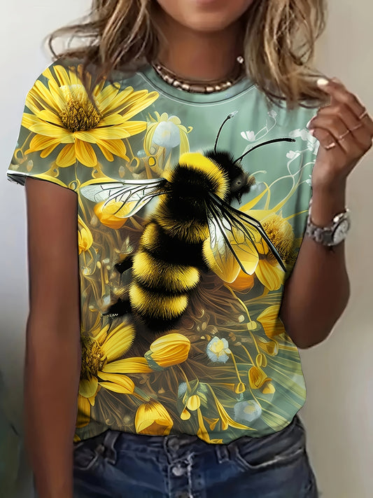 Bee & Floral Print T-Shirt, Lässiges Kurzarm-Crewneck-Top Für Frühling & Sommer