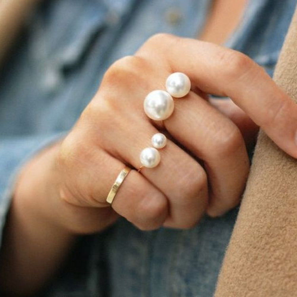 Fashion Party Lady Doppel Faux Pearl Open Ring Finger Schmuck Valentinstag Geschenk