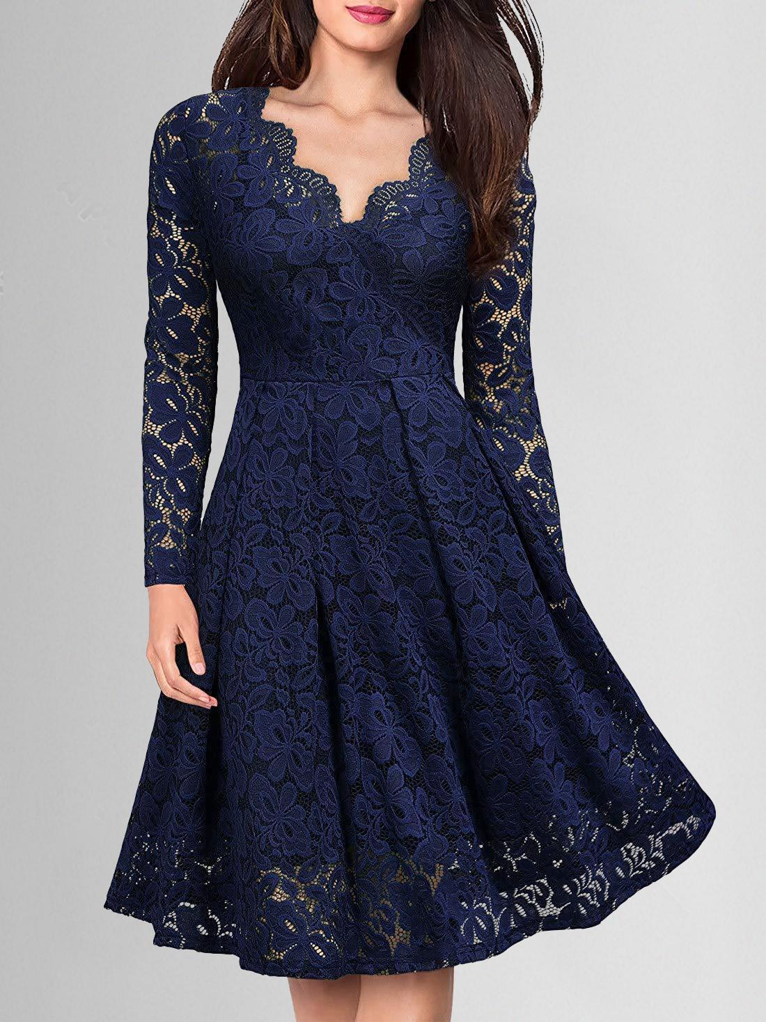 Geumxl Solid Lace Scallop Trim Dress