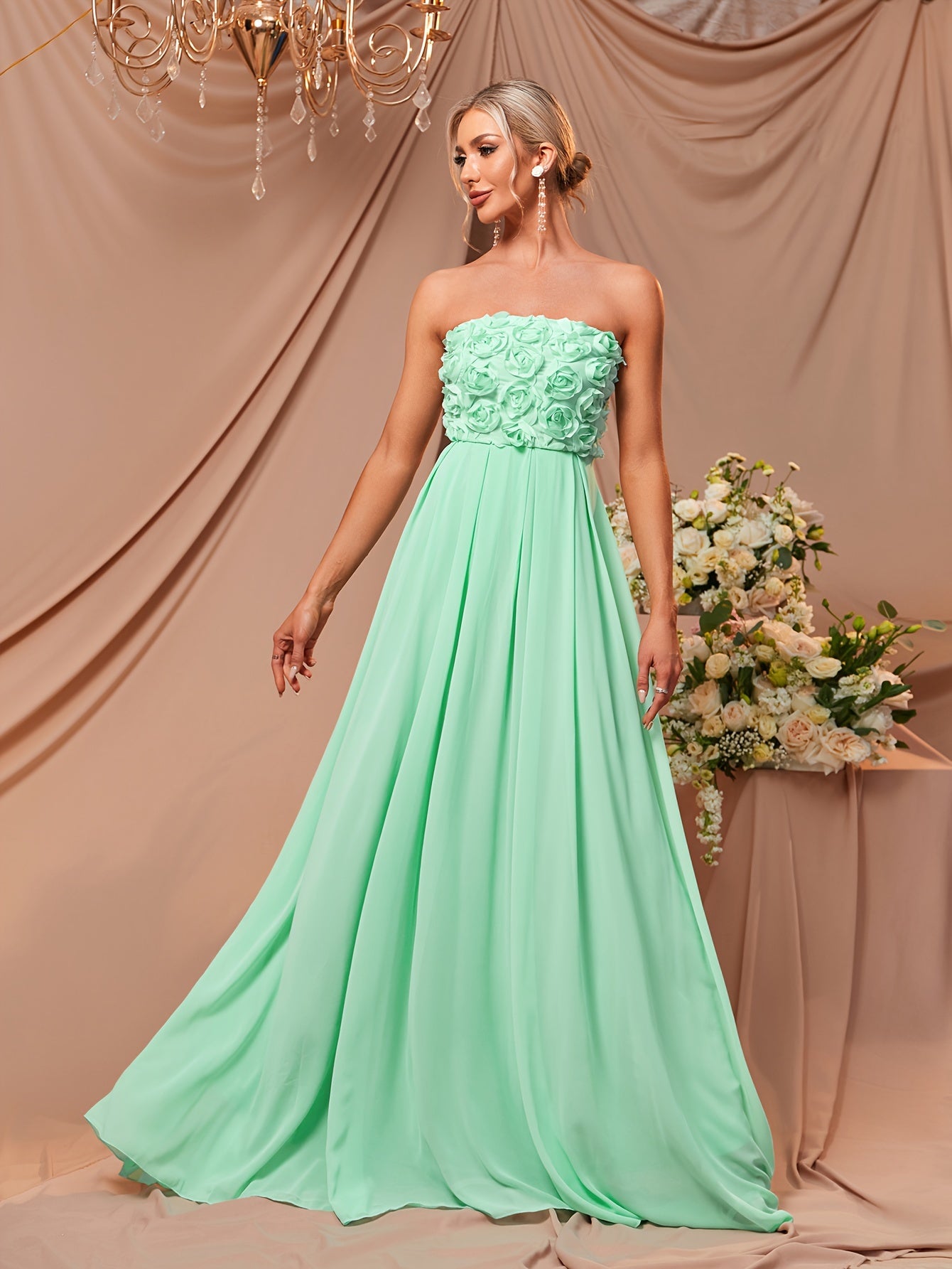 Solid Color Ruffle Hem Hochzeitskleid Elegantes 3D-Blumendekor Off-Shoulder-Ärmelloses Kleid