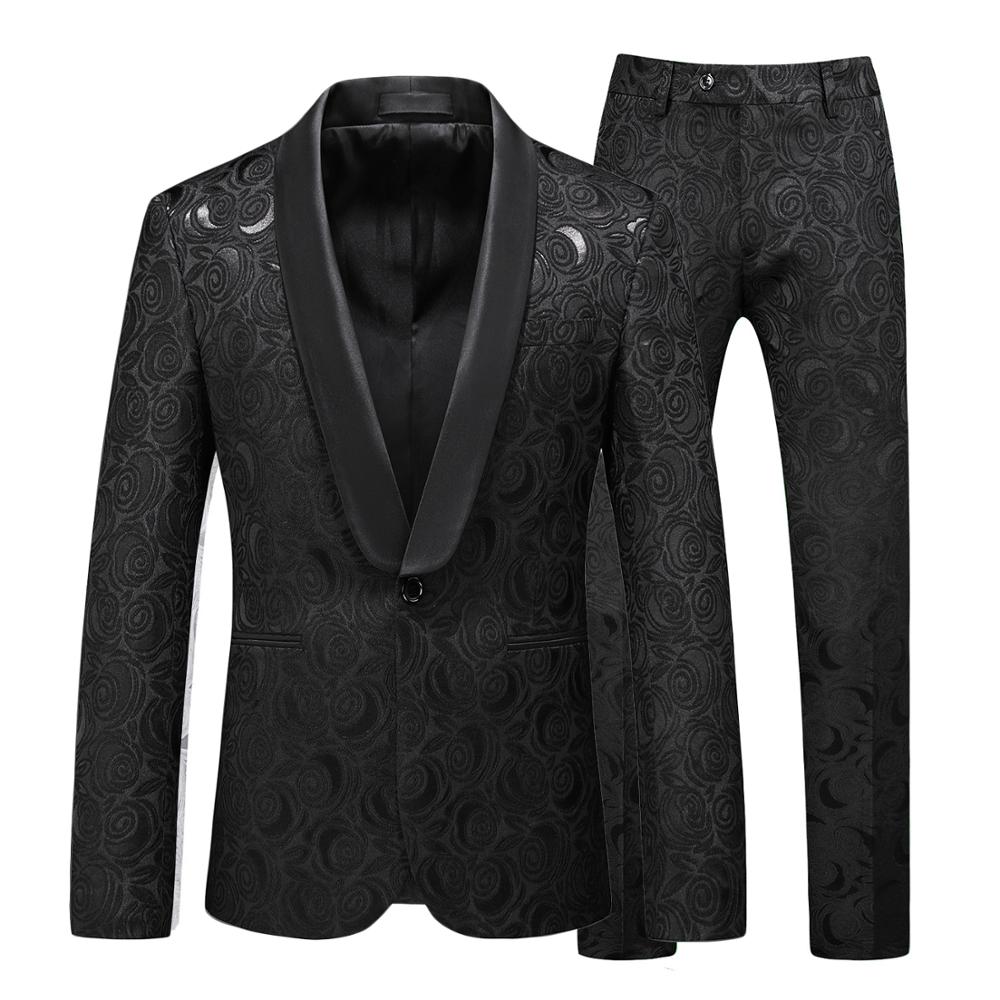 2 Stück Herren Smoking Anzug Sets Jacquard Material Schwarz Weiß Retro Revers Abnehmen Blumen Hochzeitskleidung Herren Anzug mit Hose - tif-shop24.de