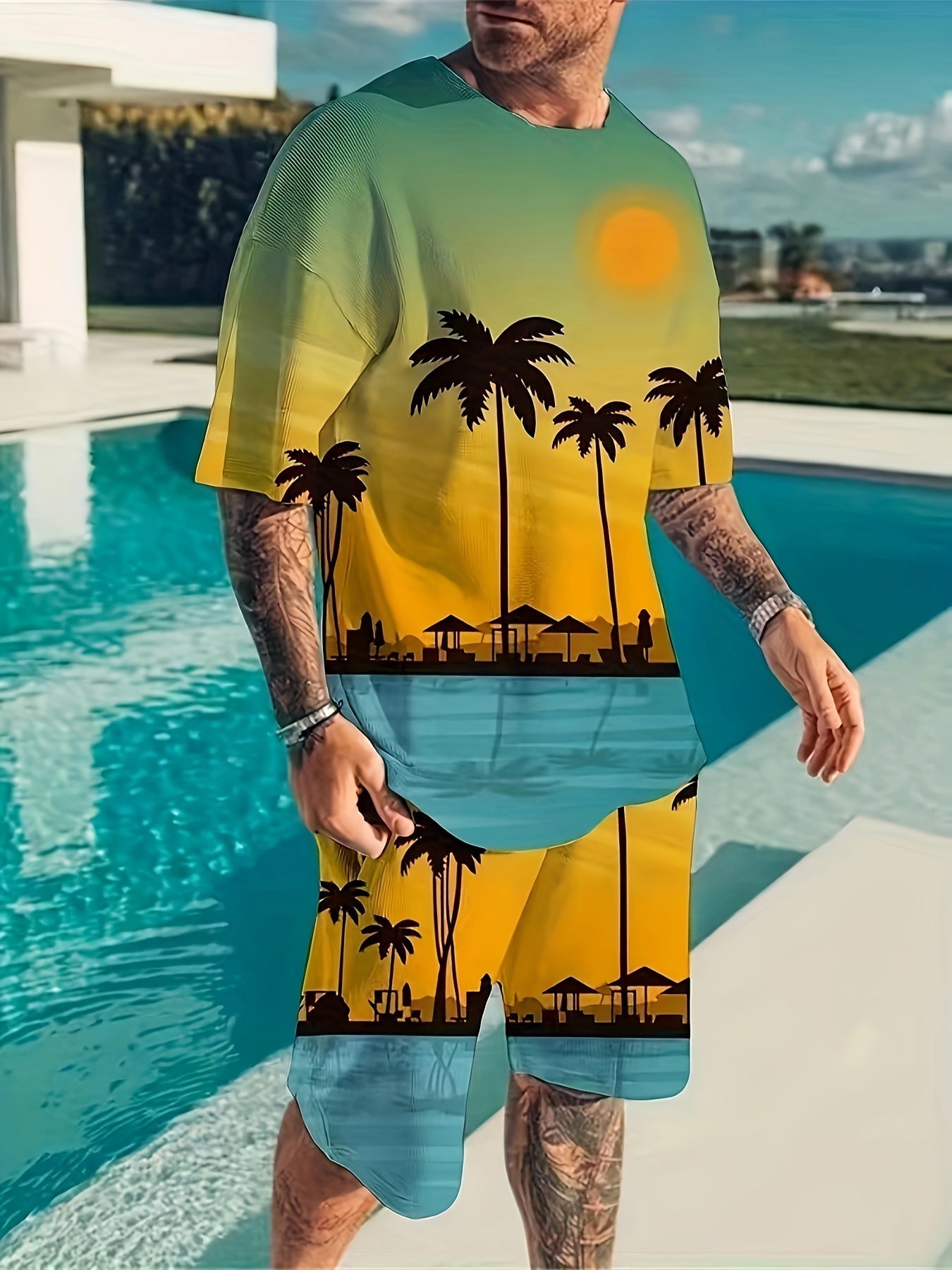 2-teiliges Herren-Strand-Kokospalmen-Grafikmuster-Outfit-Set, Herren-Crew-Neck-Sommer-T-Shirt Und Lässige Shorts Für Resort-Urlaub - tif-shop24.de