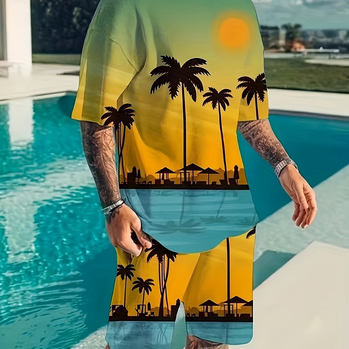 2-teiliges Herren-Strand-Kokospalmen-Grafikmuster-Outfit-Set, Herren-Crew-Neck-Sommer-T-Shirt Und Lässige Shorts Für Resort-Urlaub - tif-shop24.de
