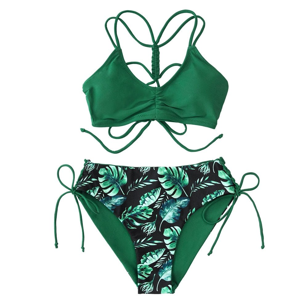 2021 CUPSHE Green Leaf Schnürung Bikini-Set mit niedriger Taille Damen Badeanzug Sexy Wende-Unterteil Zweiteilige Badebekleidung Strand Badeanzug - tif-shop24.de