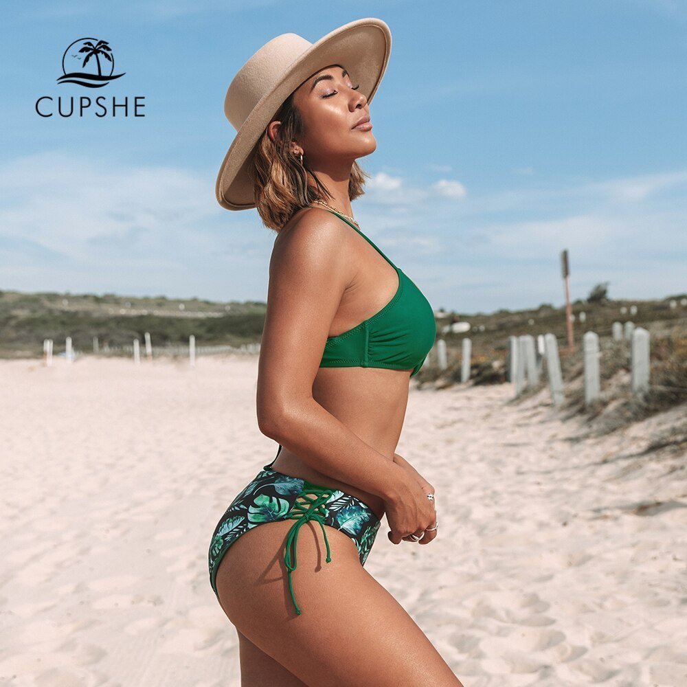 2021 CUPSHE Green Leaf Schnürung Bikini-Set mit niedriger Taille Damen Badeanzug Sexy Wende-Unterteil Zweiteilige Badebekleidung Strand Badeanzug - tif-shop24.de