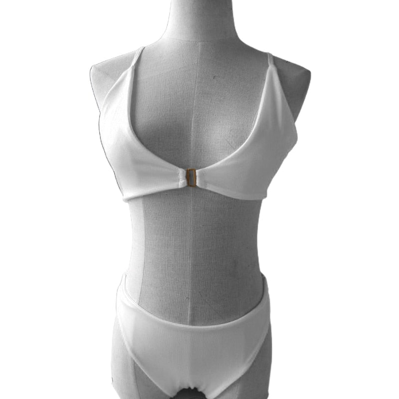 2021 Neu Eingetroffen Sexy 2 teilig Einfarbig Bikini Set Scoop Neck Metall Schnalle Vorne Badeanzug XX9D - tif-shop24.de
