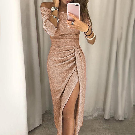 2021 Neu Eingetroffen Solide Tunika Abend Party Kleid Off Schulter Hohe Taille Langes Kleid Elegante Sexy Club - tif-shop24.de