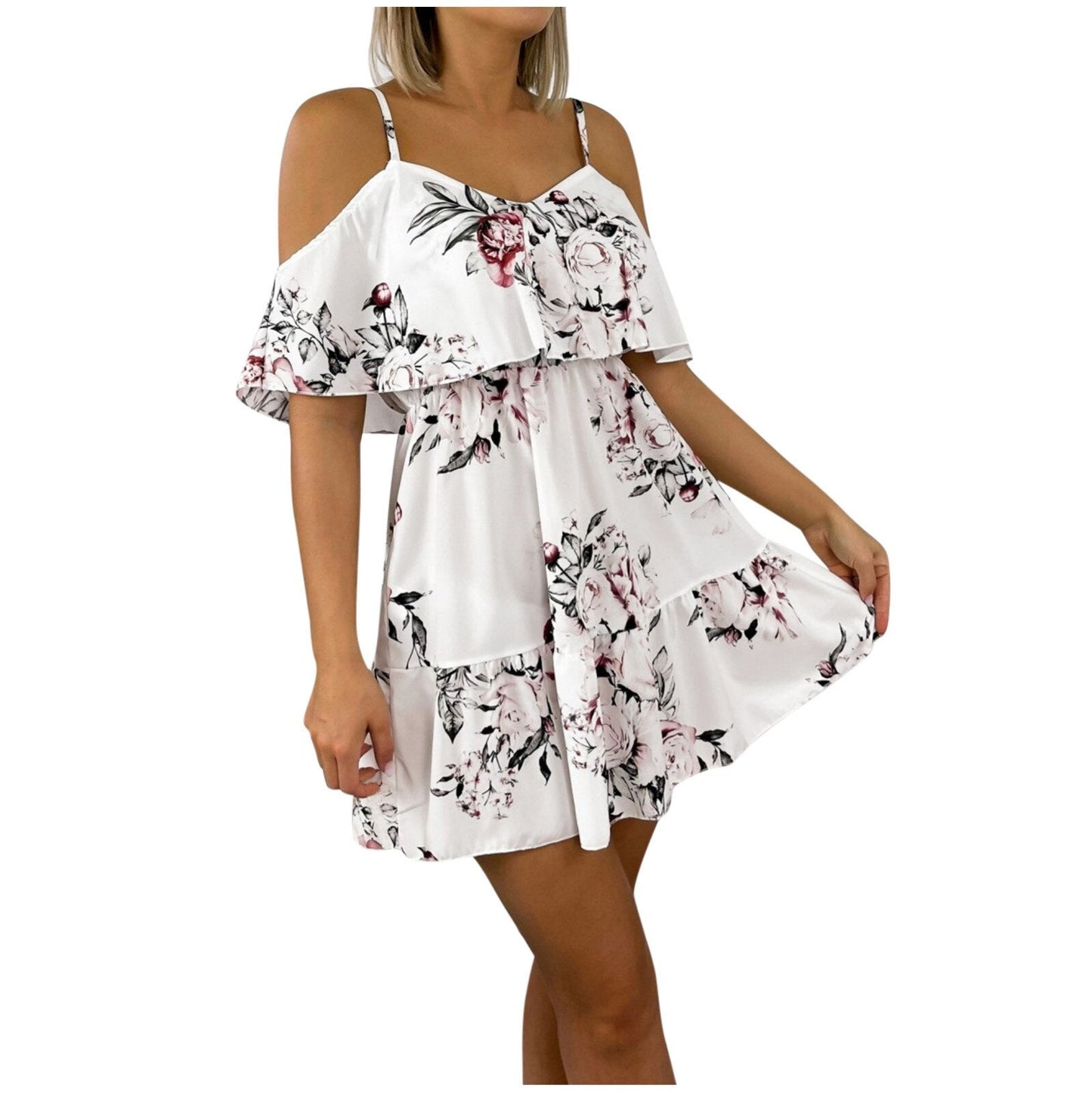 2021 Sommer Sexy V-ausschnitt Blumen Druck Boho Strand Kleid Rüschen Kurzarm Mini - tif-shop24.de