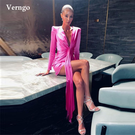 2021 Verngo Heißer Rosa Seide Satin Short Prom Party Kleider Lange Ärmel Tiefen V-ausschnitt Mini Cocktail Kleid Dame Sexy - tif-shop24.de