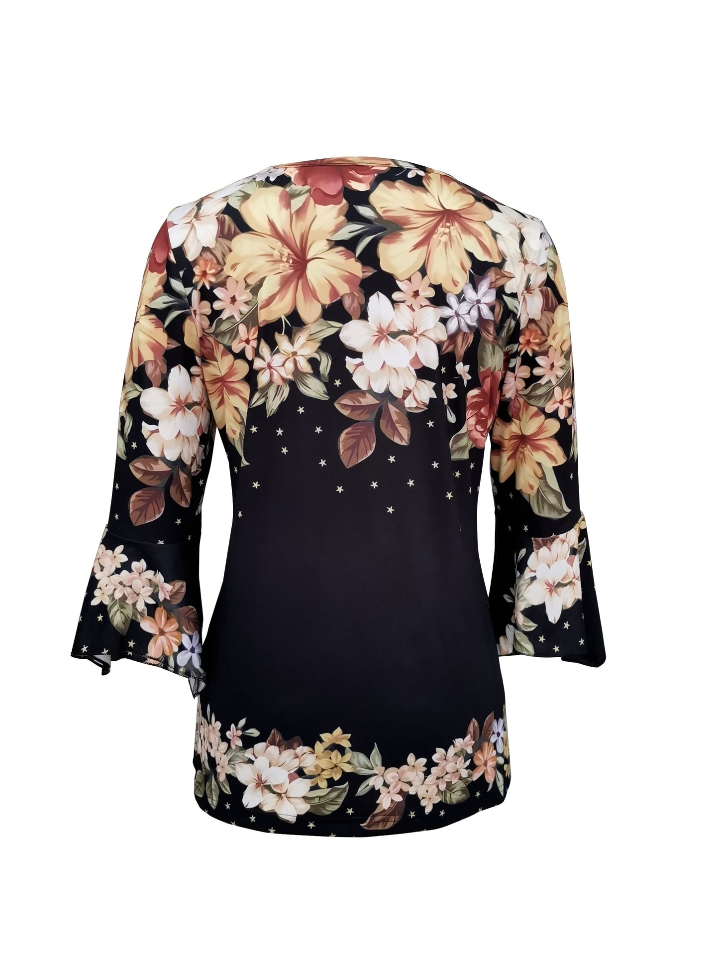 T-Shirt Mit Blumendruck, Gekerbtem Ausschnitt, Elegantes Oberteil