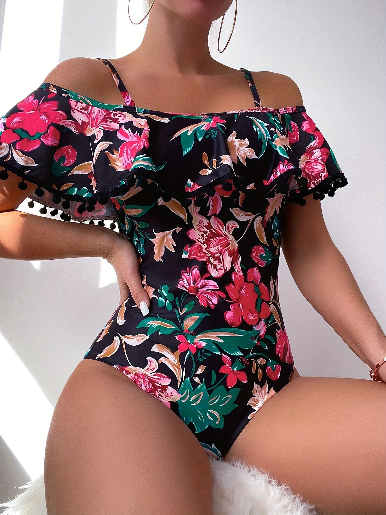 Tropical Print Einteiliger, Rüschen Saum Bauchkontrolle High Cut Badeanzüge