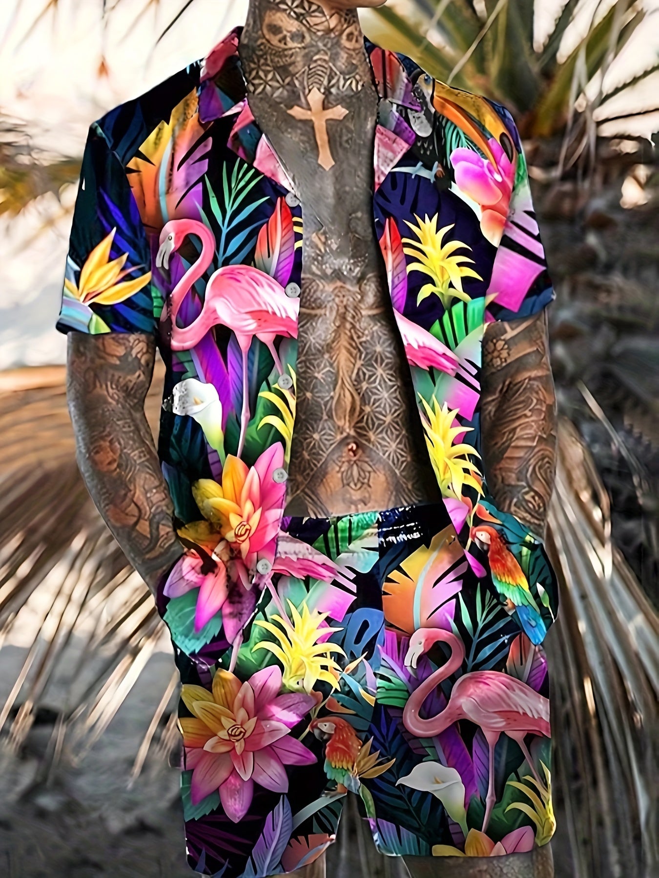 Blumen- Und Flamingo-Druck, 2-teiliges Herren-Outfit, Lässiges Camp-Kragen-Revers-Knopf-Kurzarmhemd, Hawaii-Hemd Und Kordelzug-Shorts-Set Für Den Sommer