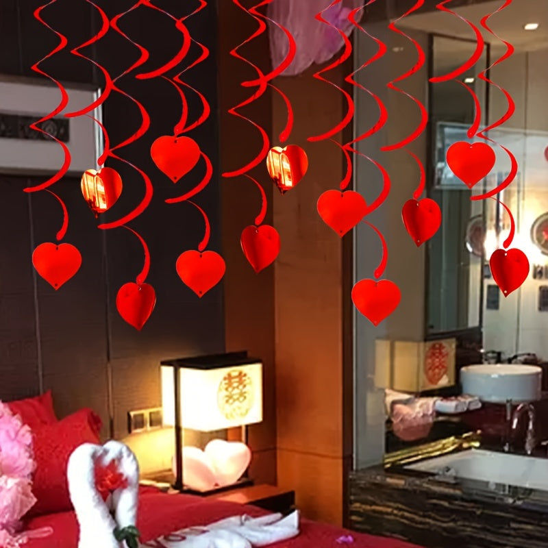 6 Stück glänzende rote hängende Herz-Wirbel, rote Herzdekorationen für Party, Valentinstag, Jubiläumsdekoration