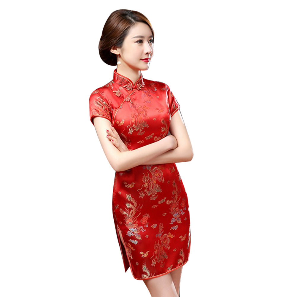 Ethnische Mode Frauen Chinese Dragon Phoenix Stehkragen Schlankes Cheongsam Kleid