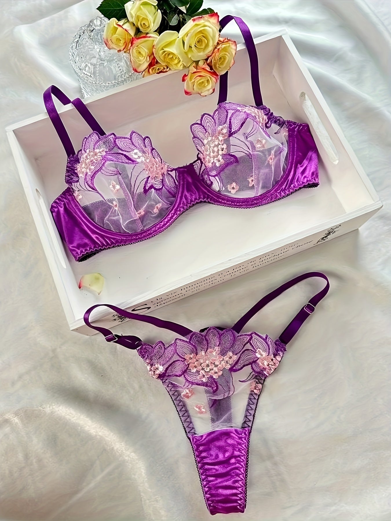 Floral Besticktes Durchsichtiges Dessous-Set, Niedriger Cup Ungepolsterter BH & G-Strings, Damen Sexy Dessous & Unterwäsche