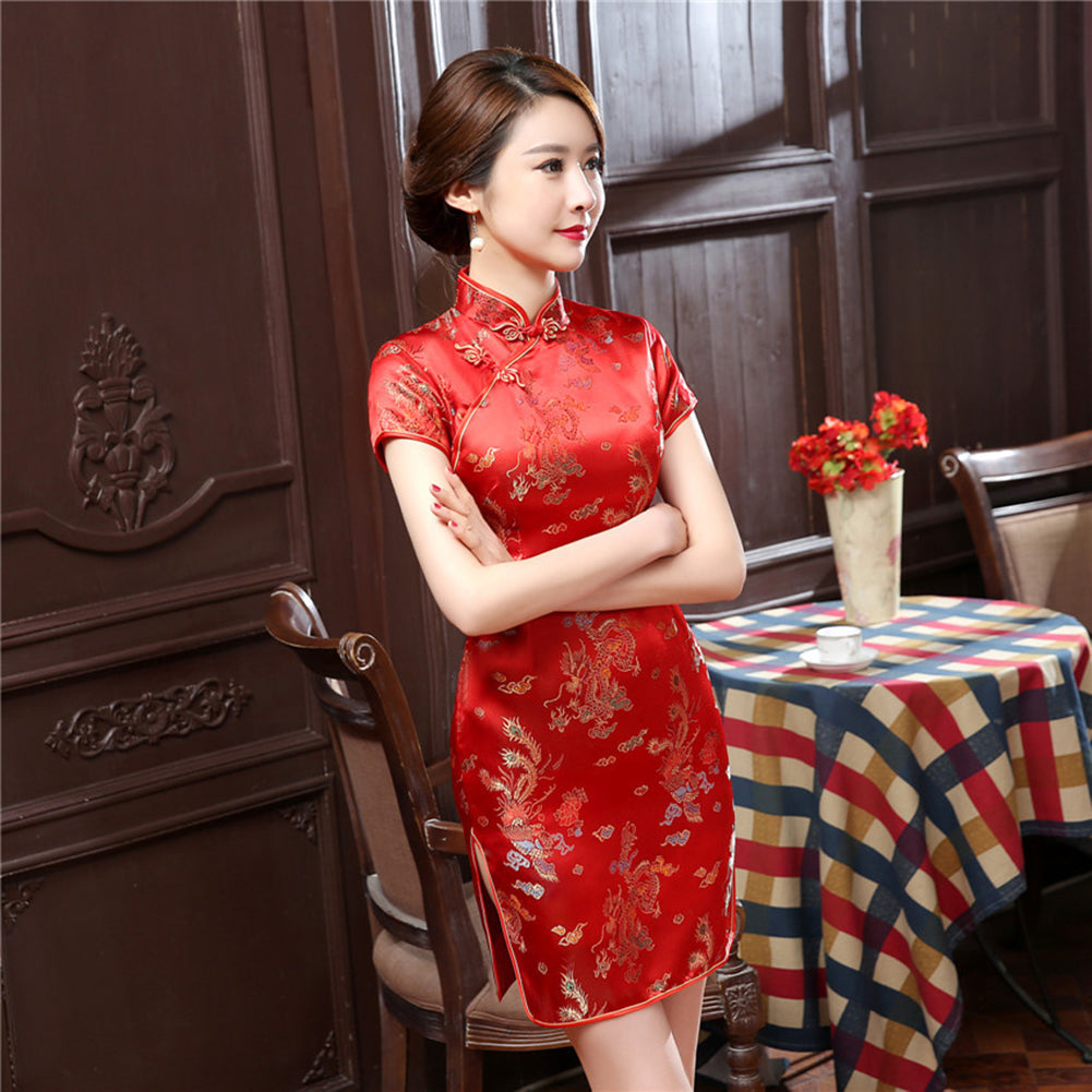 Ethnische Mode Frauen Chinese Dragon Phoenix Stehkragen Schlankes Cheongsam Kleid