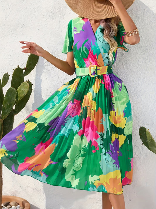 Blumenmuster und Gürtel Boho Kleid mit Wickelausschnitt  für Frühling & Sommer