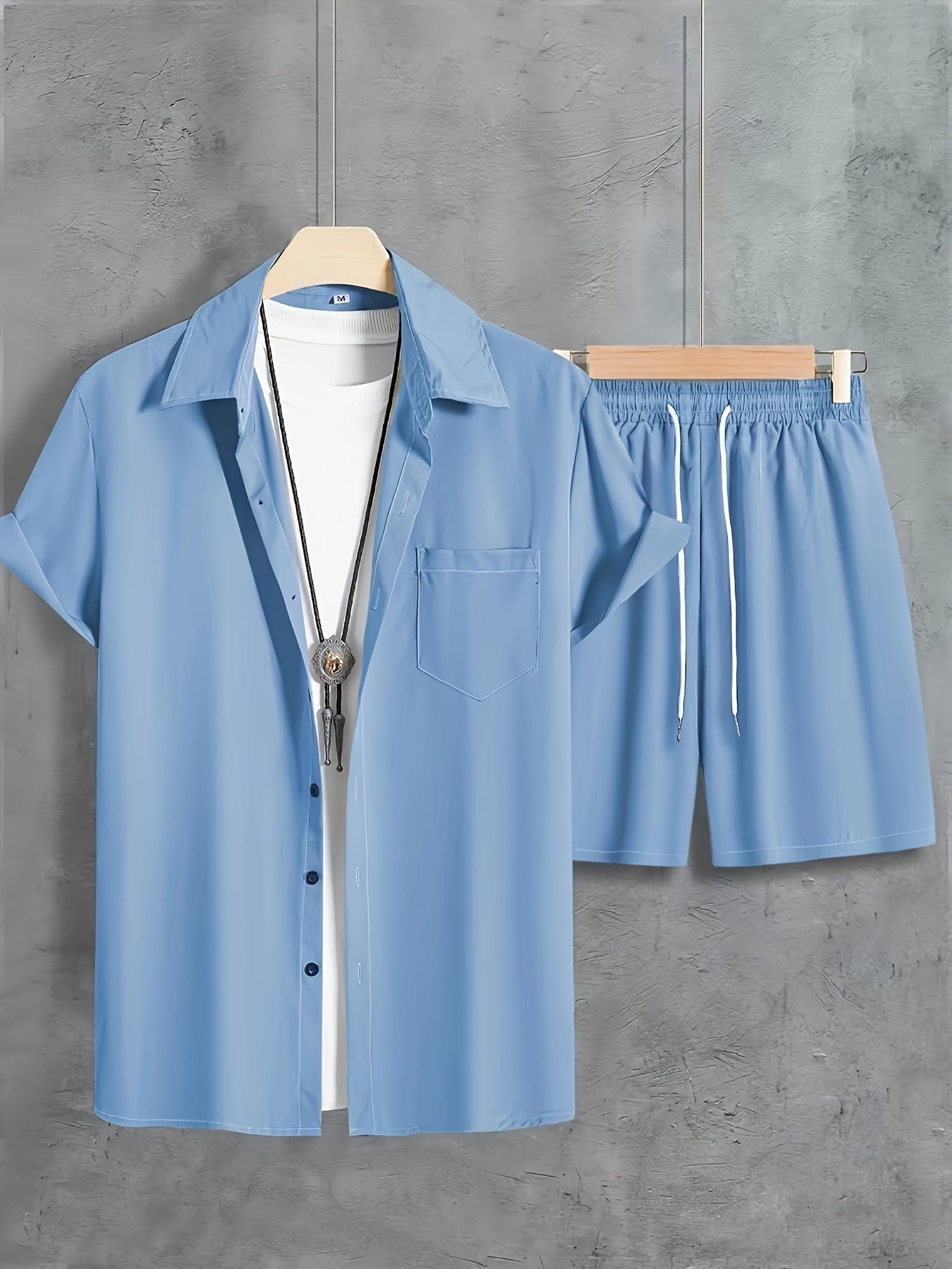 Unifarbenes 2 Stk. Kurzarm-Shirt mit Revers Knopfleiste und Shorts mit Kordelzug