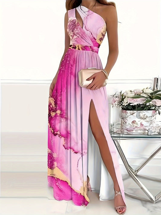 Allover Print Split Thigh Elegantes Cold Shoulder High Waist Sleeveless Dress