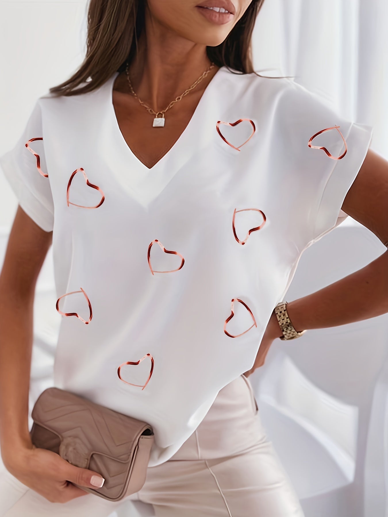 Herzdruck V-Ausschnitt Lässiges Kurzarm-Top T-Shirt