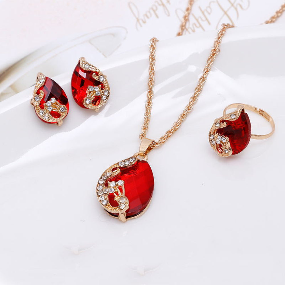 Damenschmuck Set Glänzende Wassertropfenform Strass Halskette Ohrringe Ring Geschenk