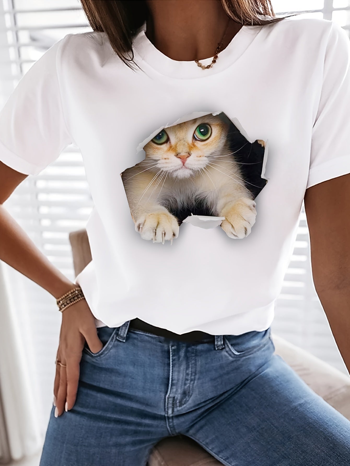 Niedliches Katzen Print Rundhals Lässiges Kurzarm T-Shirt