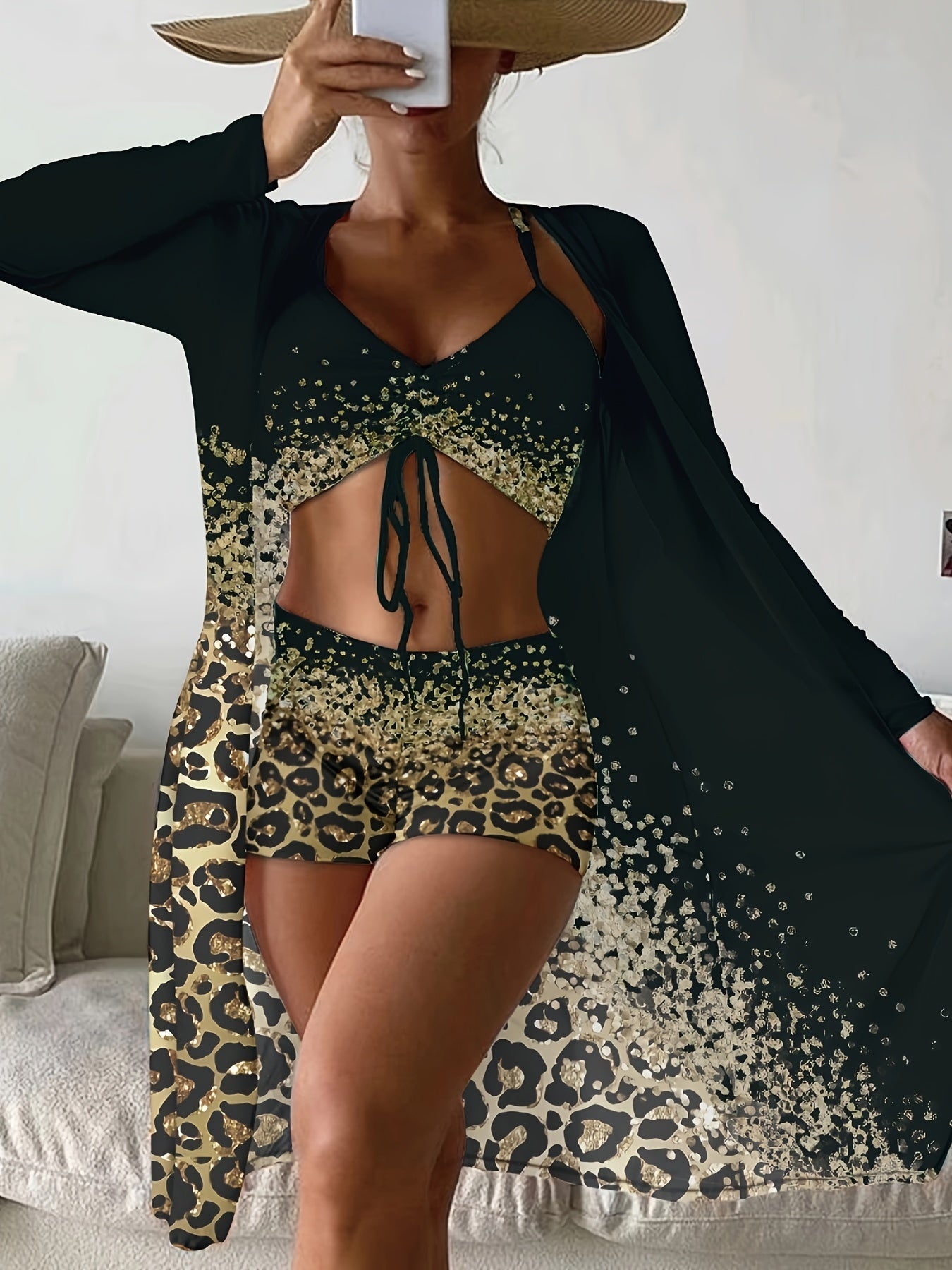 Leopard Print Medium Stretch 3-teiliges Set Badeanzüge Drawstring Spaghetti Strap High Waist Bikini & Long Sleeve Cover Up Bademode