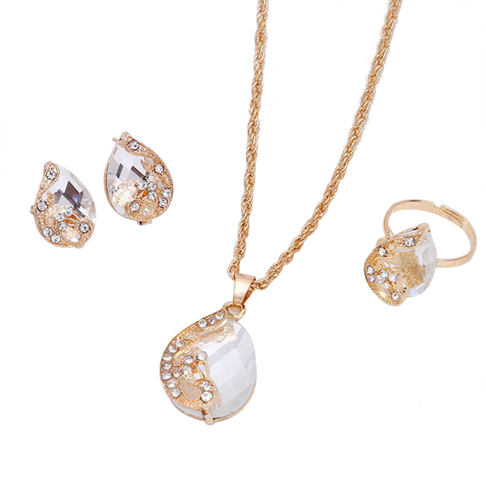 Damenschmuck Set Glänzende Wassertropfenform Strass Halskette Ohrringe Ring Geschenk