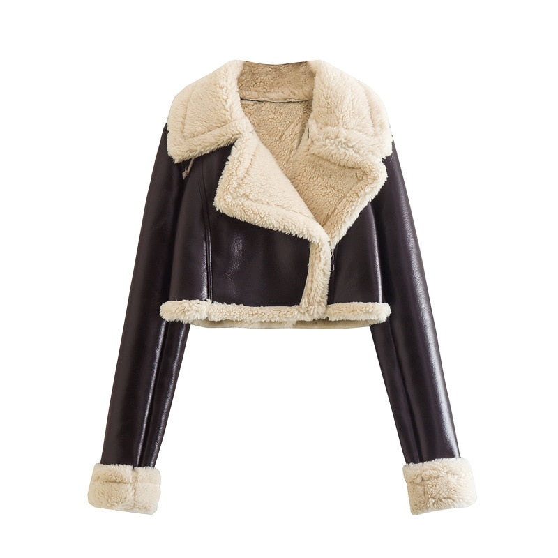 Dicke Warme Faux Lammfell Ernte Jacke Mantel Vintage Langarm Front Zipper  Oberbekleidung Chic TopsFaux Shearling Biker Jacket