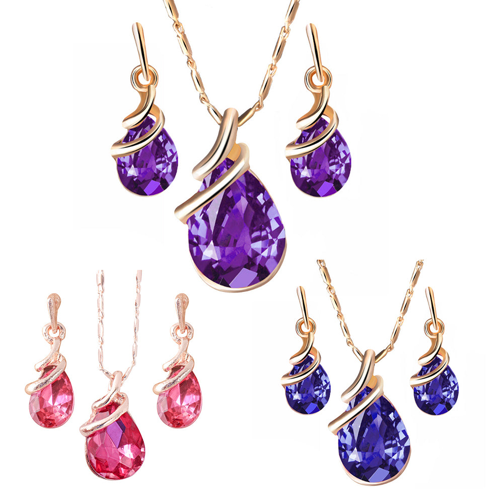 Mode Frauen Teardrop Strass Anhänger Ohrstecker Halskette Schmuck Set