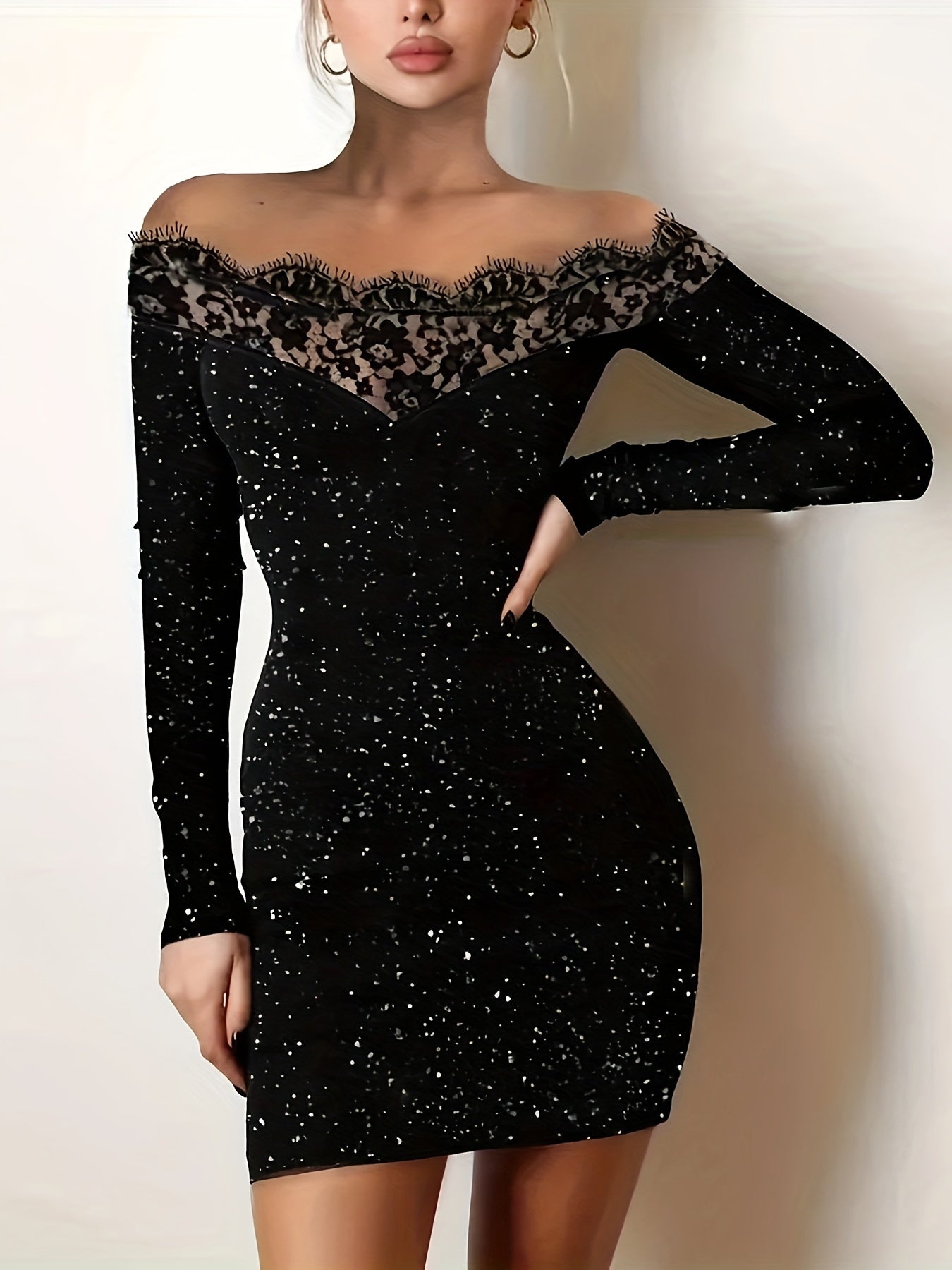 Off Shoulder Contrast Lace Trim Body-Con Glitter Langarm Elegantes Kleid