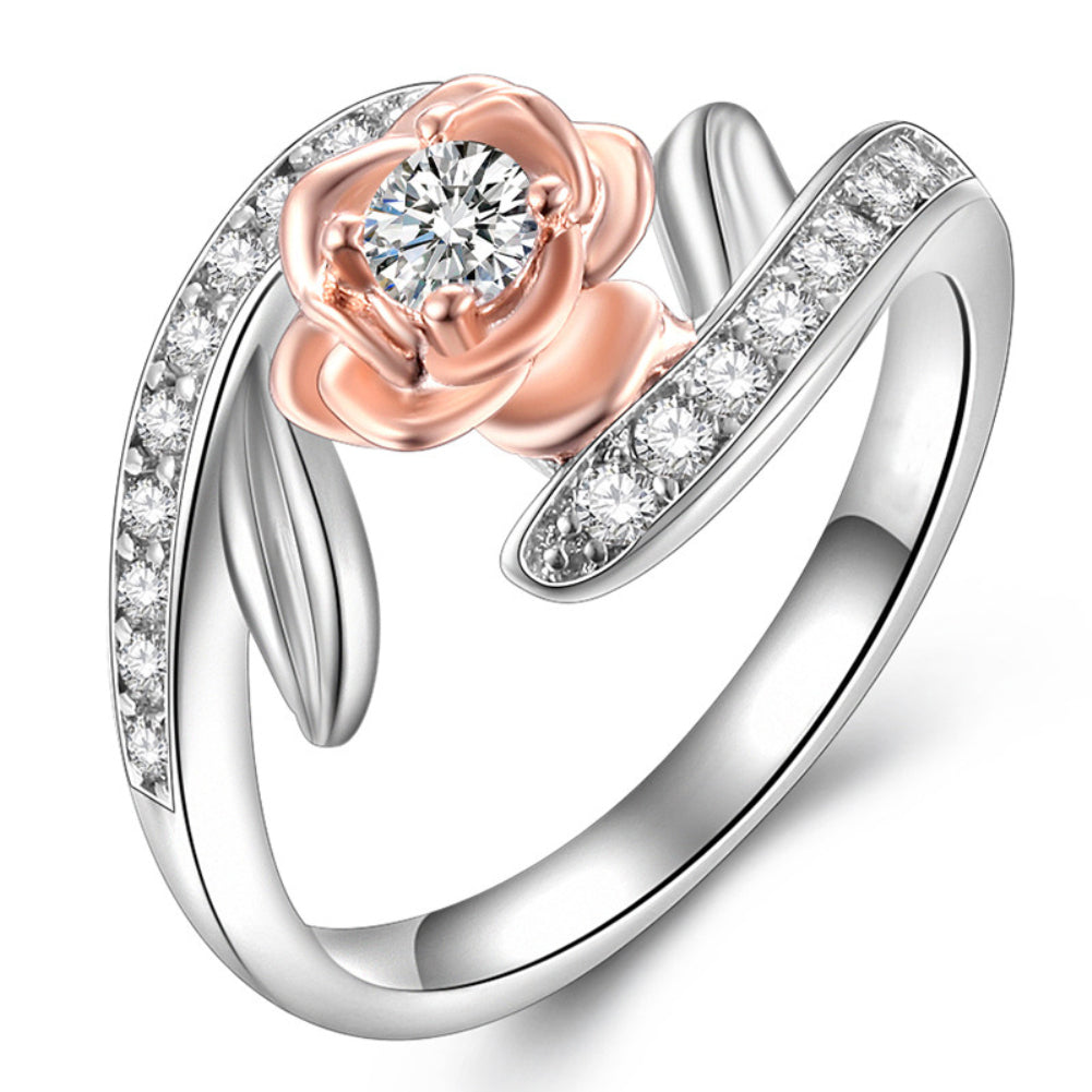 Fashion Rose Flower Zircon Finger Ring Women Wedding Engagement Jewelry Gift