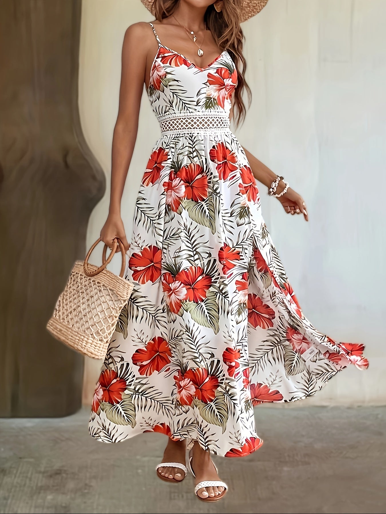 Kleid Mit Blumendruck Und Geteiltem Saum Elegantes Ärmelloses Cami-Kleid