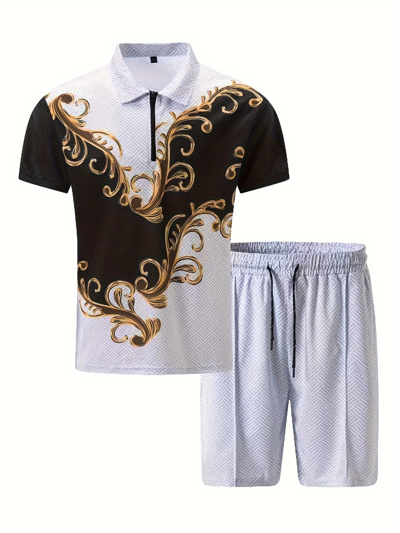 Exquisite Pattern, Herren 2-teilige Outfits, Lässiges Bequemes Reißverschluss-Shirt Und Drawstring-Lose Shorts