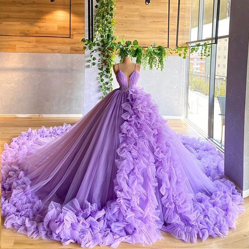 Elegant Puffy Prom Dresses with Long Train Ball Gown Evening Dress Robe Party Night Gowns
