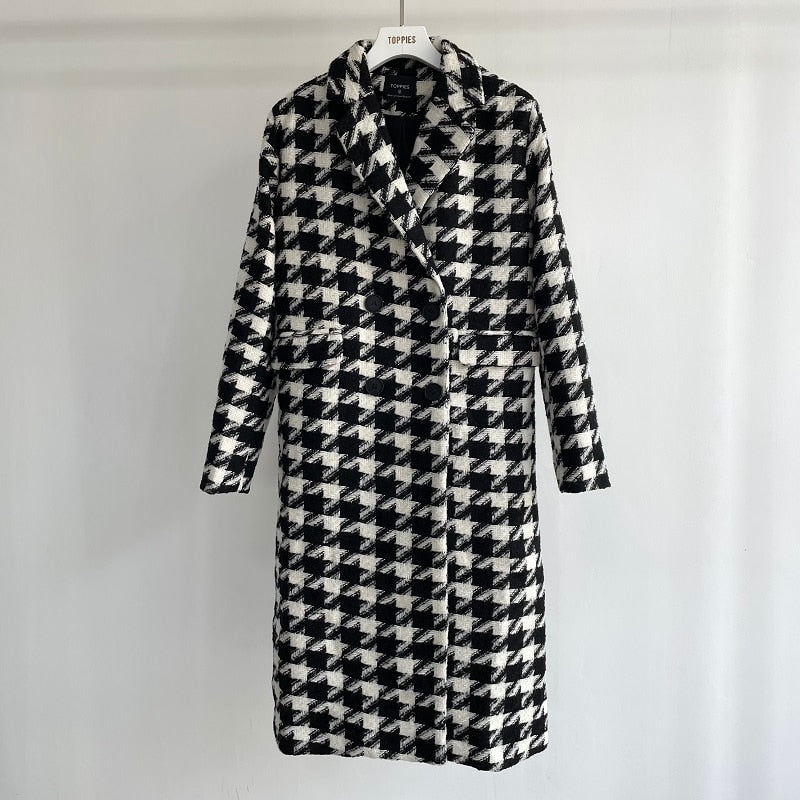Toppies 2021 Herbst Damen Lange Wolle Windmantel Femme Houndstooth Tops Trench Casual Doppelreihiger Wollmantel tif-shop24.de