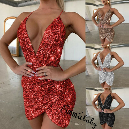 Damen Formale Abend Party Sexy Club Backless Kurze Kleider Vestidos Frauen Goldene Pailletten Bodycon Tiefem v-ausschnitt Kleid tif-shop24.de