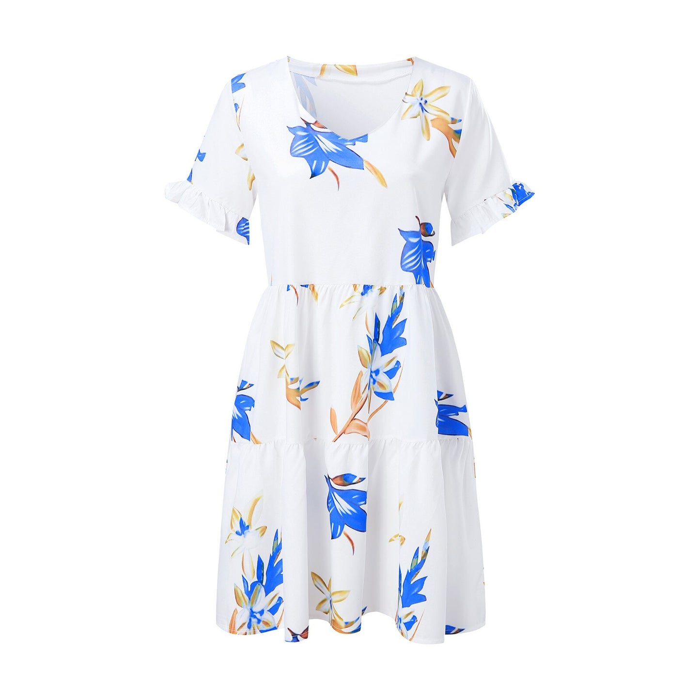 2021 Neu Eingetroffen Sommer Sexy V-ausschnitt Blumen Druck Boho Strand Kleid Rüschen Kurzarm EINE Linie Mini  Wrap Sommerkleid robe tif-shop24.de