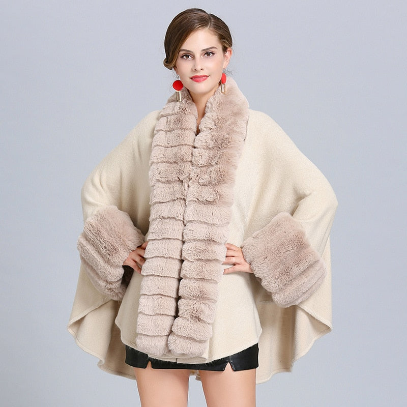 Kunstfuchspelz Kntting Capes Big Cloak Poncho Winter Warm  Outwear Furry Poncho Capes tif-shop24.de