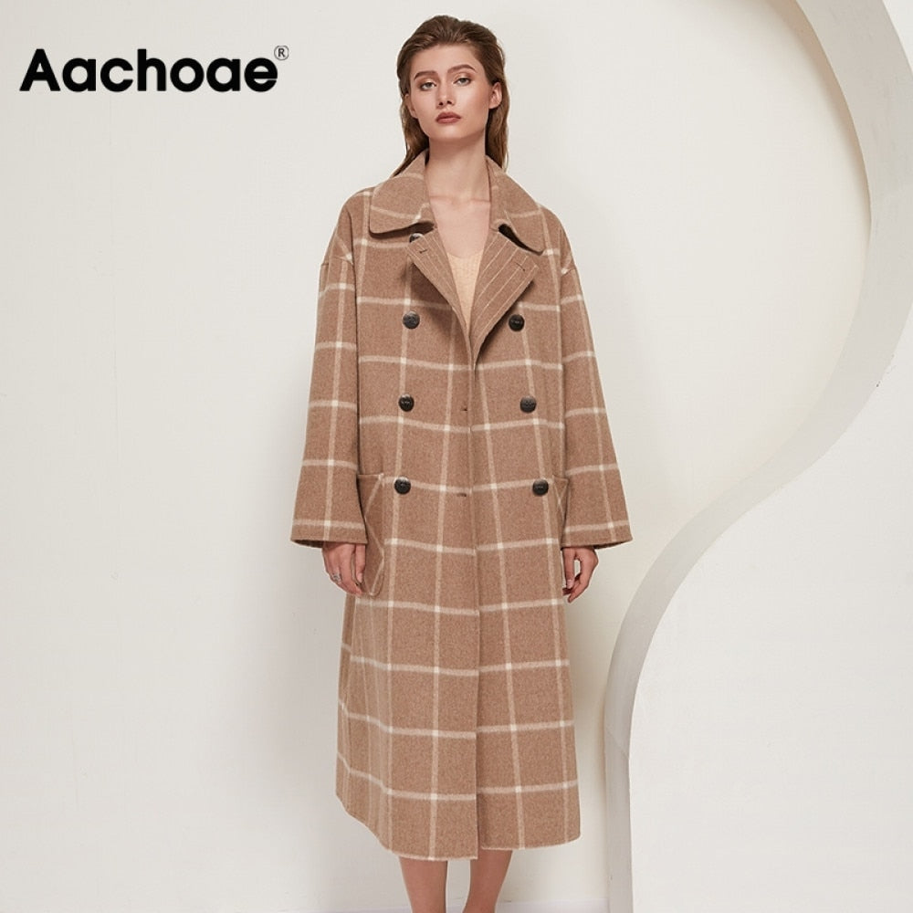 Aachoae Winter Mode Plaid Long Wollmantel Frauen  Batwing Long Sleeve Chic Taschen Mäntel Casual Doppelreihige Oberbekleidung tif-shop24.de