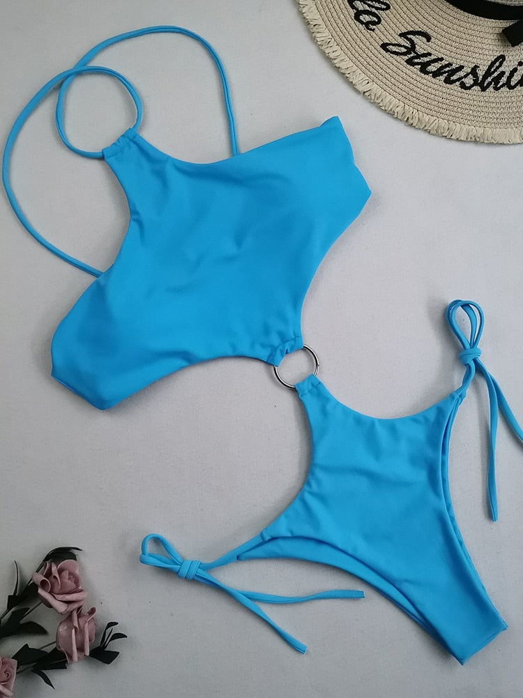 Sexy Halter One Piece Hollow Out Backless Monokini Bathers Bathing Suits