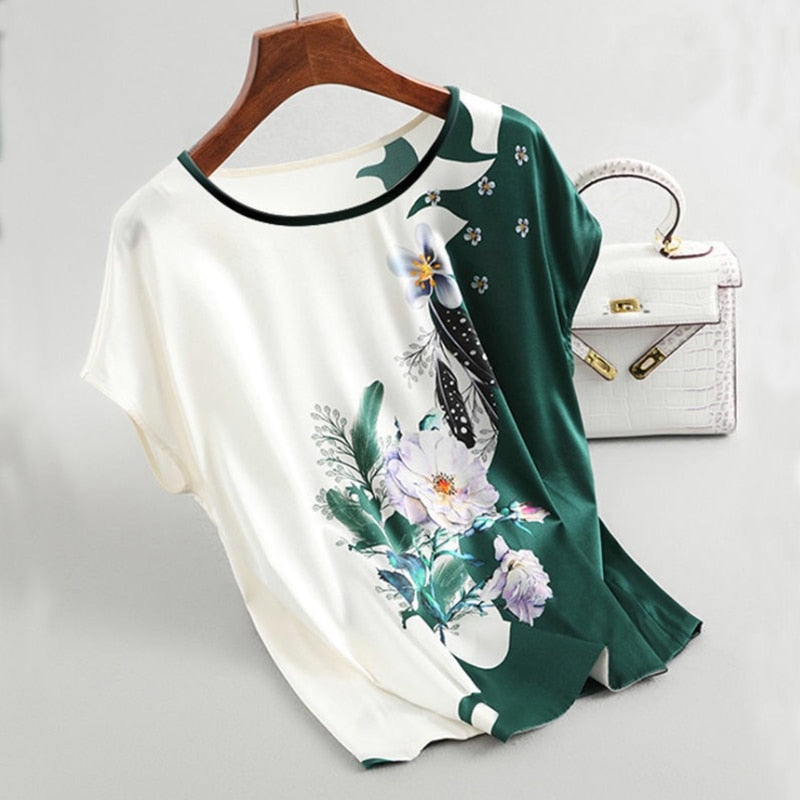 Fashion Floral Print Bluse Pullover Damen Silk Satin Blusen Plus Größe Batwing Hülse Vintage Print Casual Kurzarm Tops tif-shop24.de