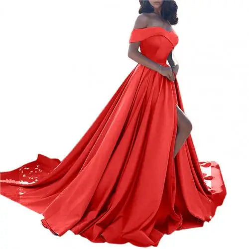 Formal Dress Off Shoulder High Slit Floor Length Prom Long Dress Sexy Split-end Temperament Elegant
